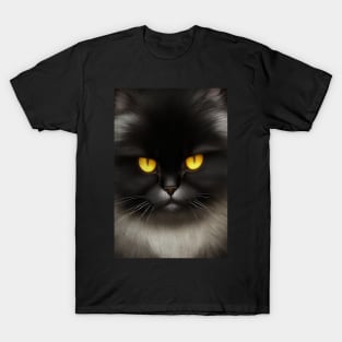 Portrait of Angry Fluffy Black Persian Cat Face T-Shirt